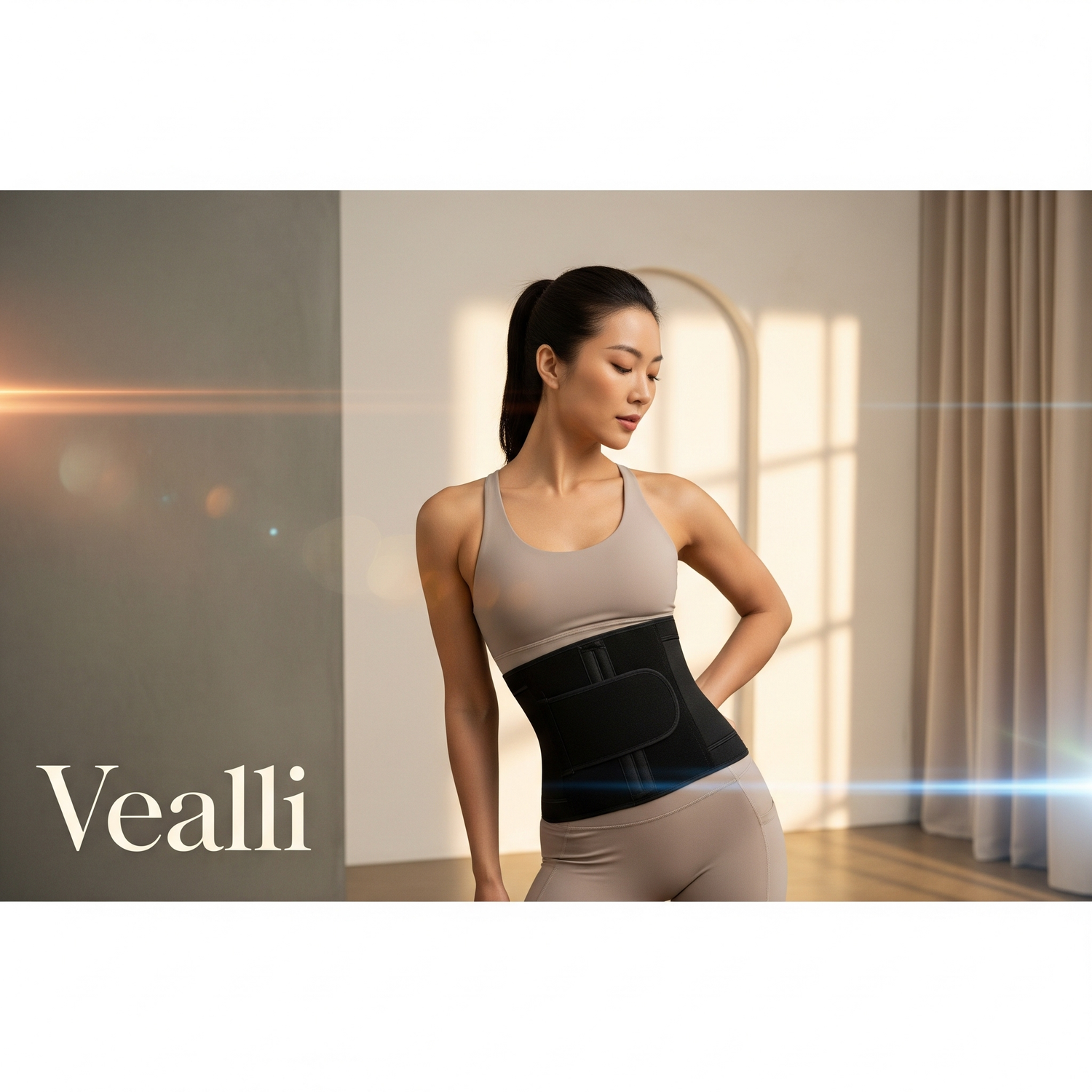 Collection banner featuring a fit, confident woman wearing a sleek black waist support belt over neutral-toned activewear.